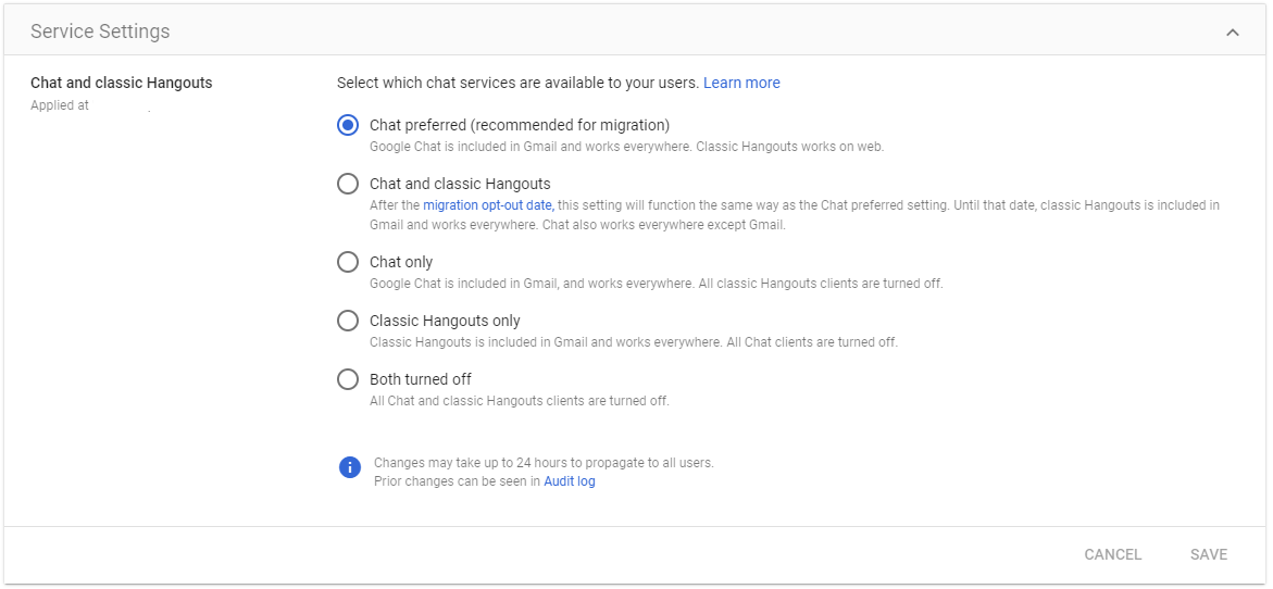 Google chat service settings